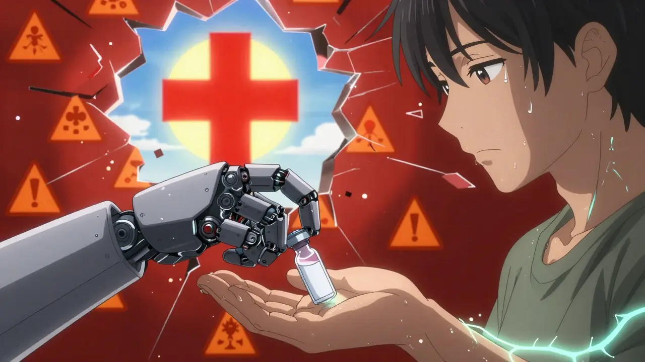 A robotic hand giving a patient a penicillin vial as shattered allergy alerts turn to confetti, with a sun-shaped medical cross shining in the background.