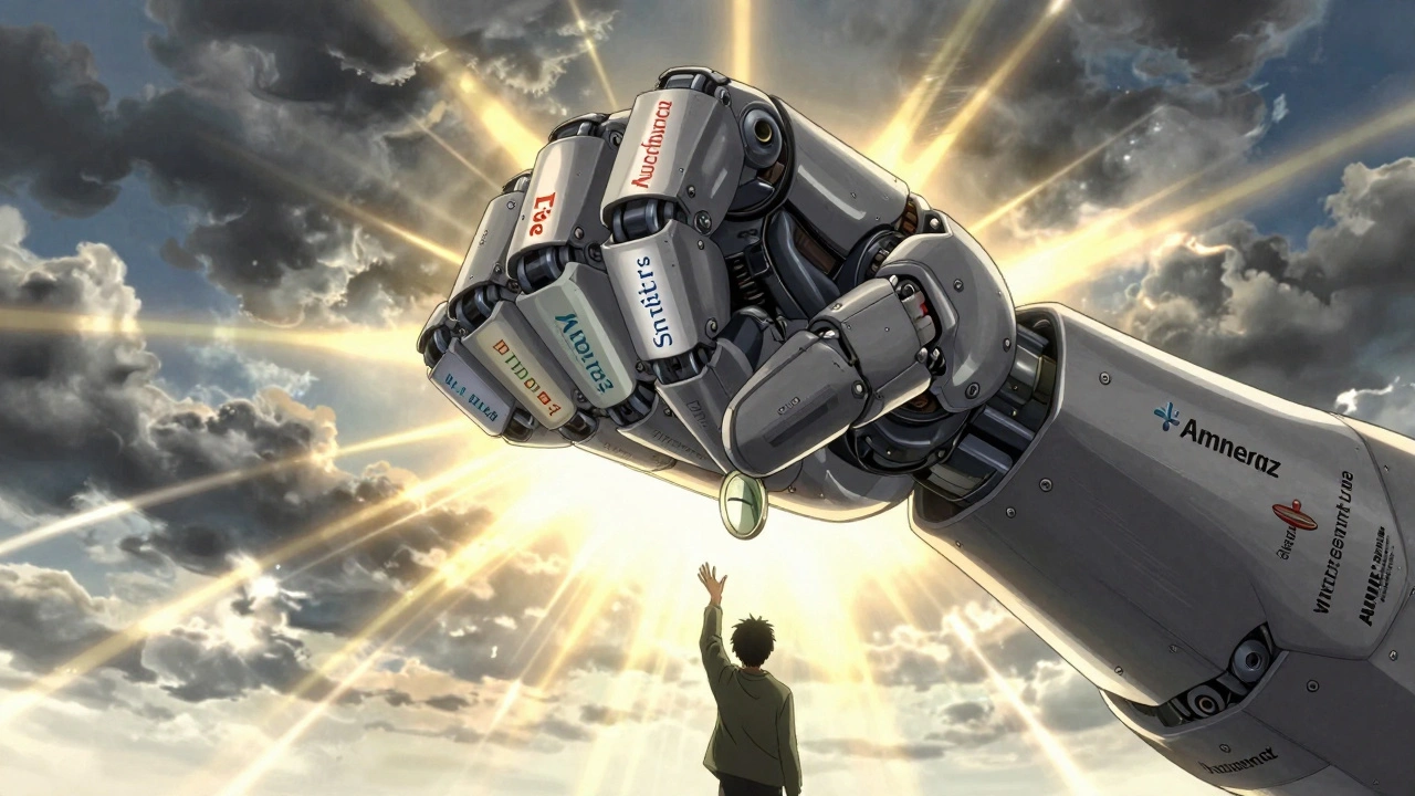 A robotic hand made of drug companies squeezes a pill into a coin slot as a citizen reaches for a  bill.