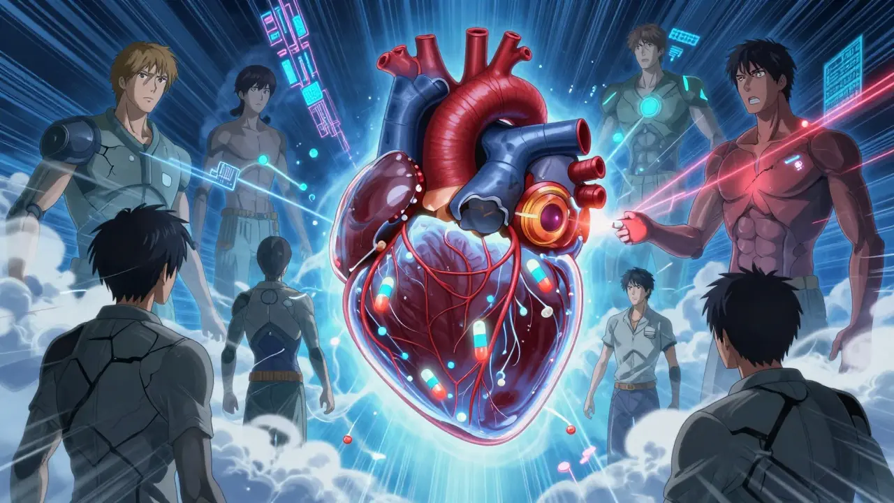 A robotic heart delivers generic drug particles to patients, healing those once weakened by high costs.