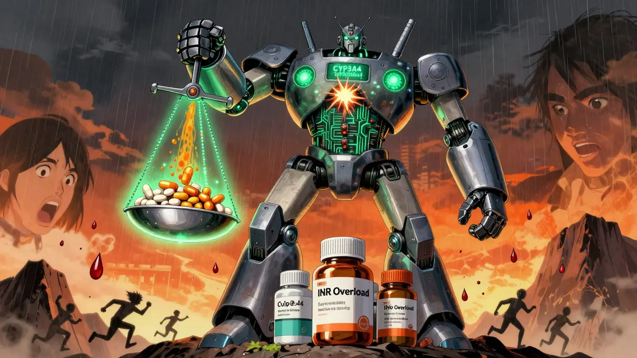 A robotic pharmacist balances turmeric and blood thinners on a scale that's tipping dangerously.