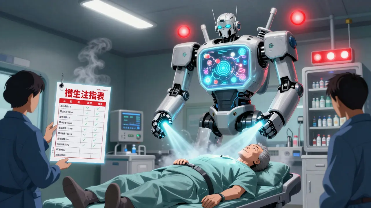 A robotic pharmacist scans a patient in the ER using a glowing medication list as emergency lights flash.