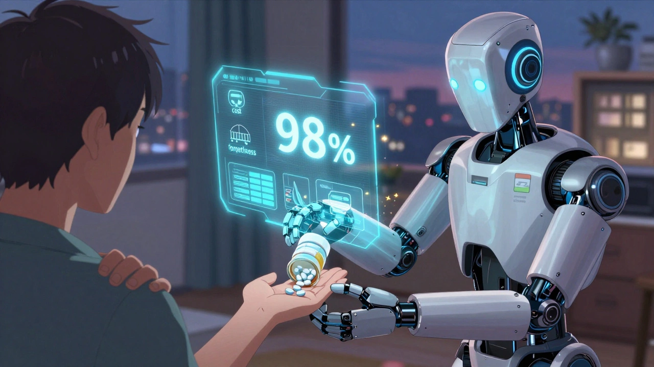 A smart pill dispenser robot helps a patient with holographic adherence data and dissolving barriers.