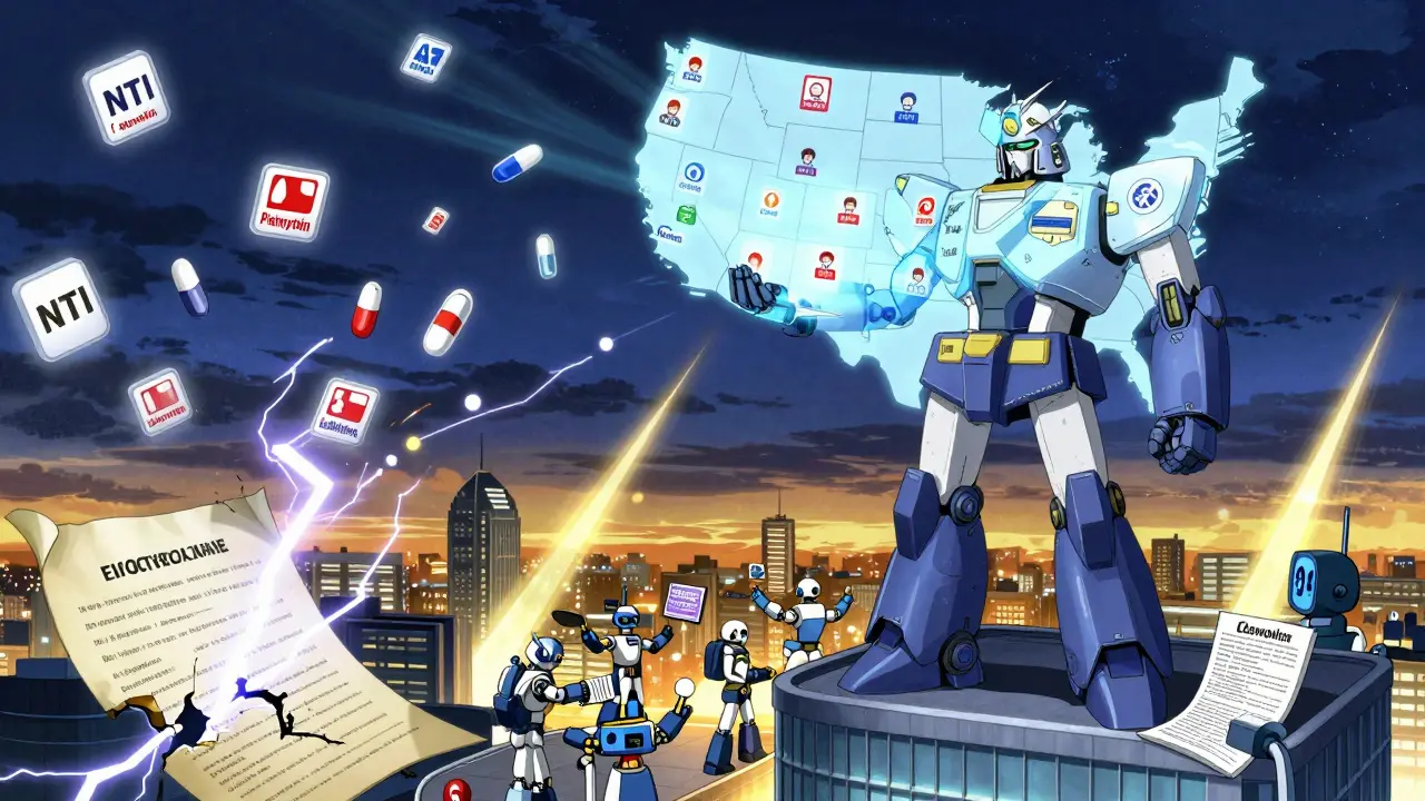 A super robot stands atop a pharmacy, projecting a nationwide blockchain map of drug substitutions across the sky.