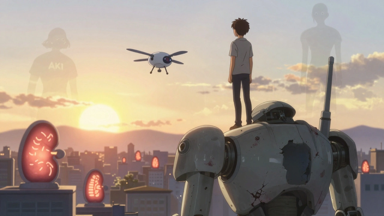 A survivor on a healing kidney robot’s shoulder, watching sunrise as past injuries fade into light.