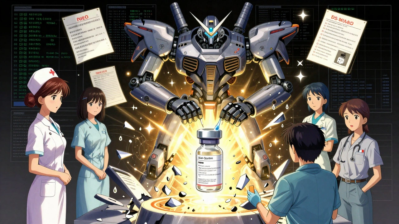 A synchronized robot team correcting a billing error with a dual-check system.