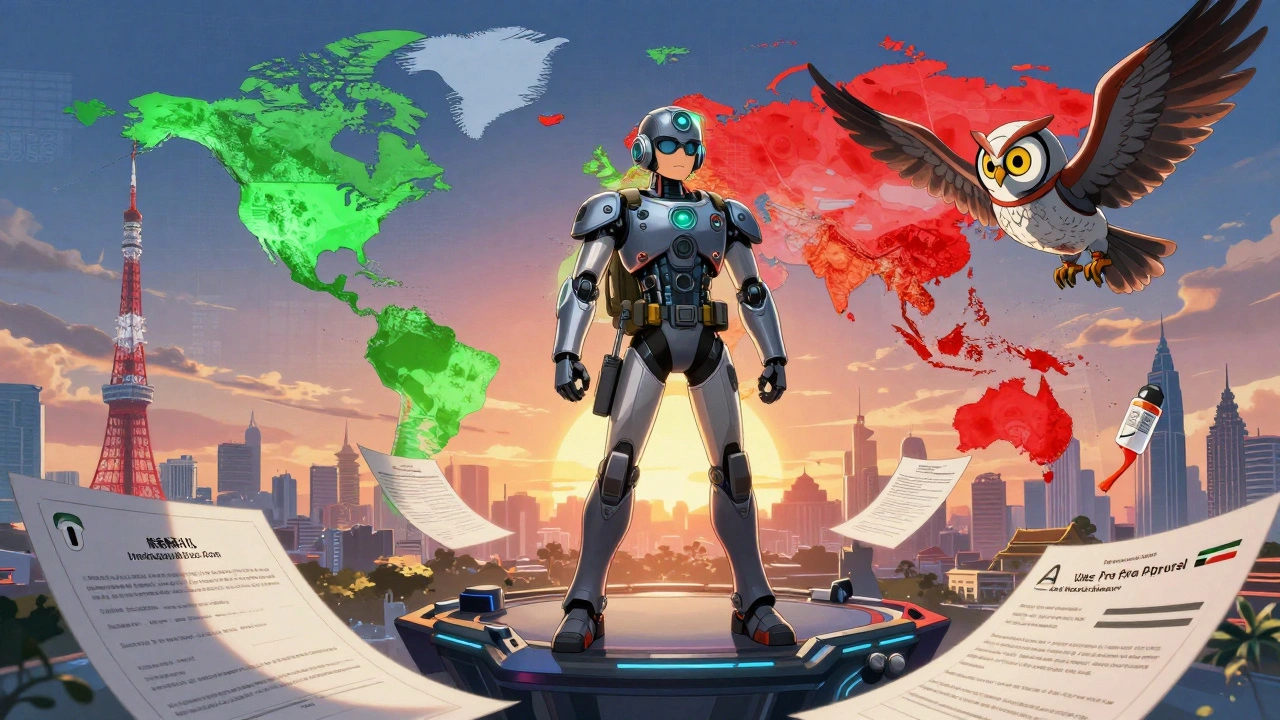 A traveler stands on floating documents with a robotic owl guardian as a world map glows with safe and danger zones.