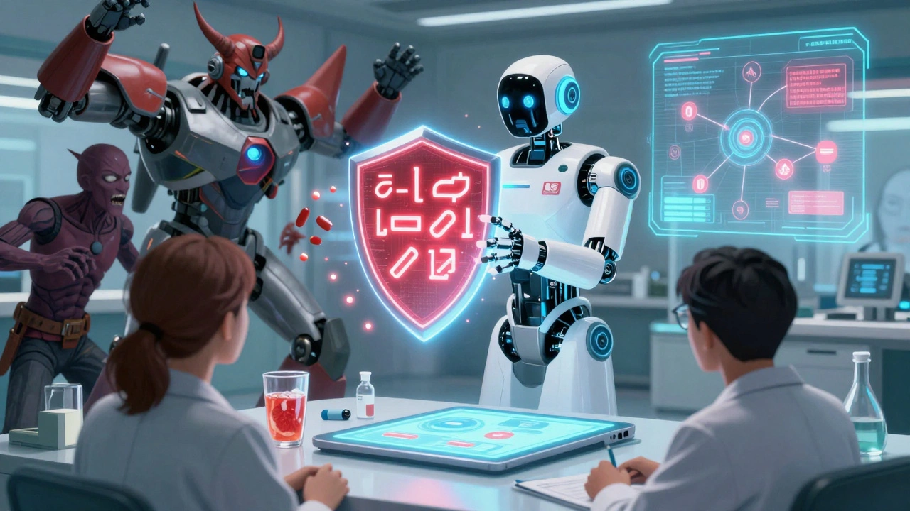 AI pharmacist robot blocking dangerous drug interactions with glowing warning shields in a futuristic hospital.