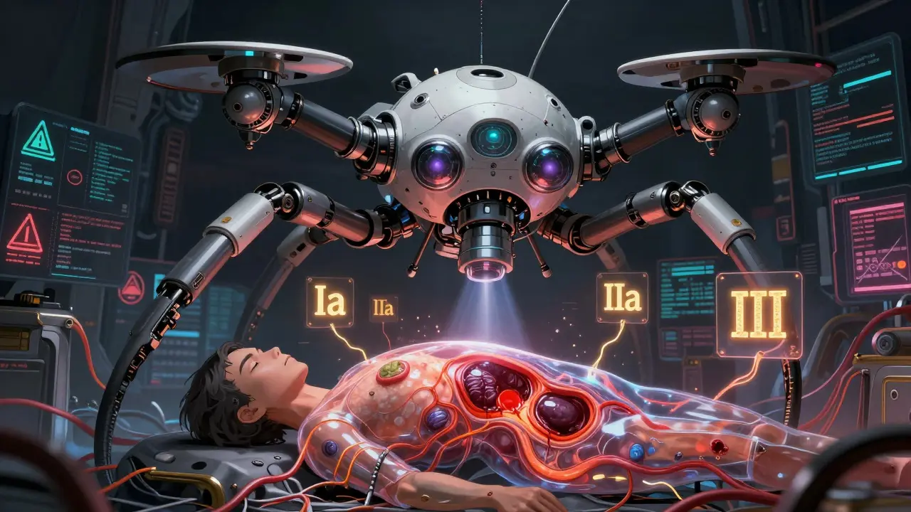 An AI drone scanning a transparent torso with floating medical symbols and digital data streams.