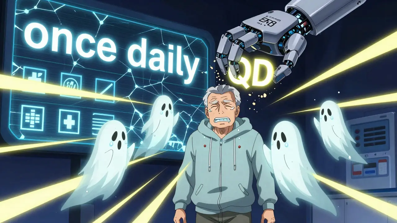 An elderly man surrounded by spectral pills as a robotic hand crushes 'QD' into dust, with 'once daily' glowing above.