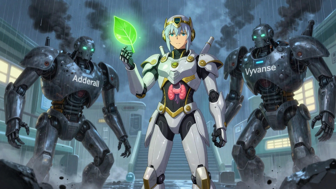 Calm Atomoxetine warrior standing between fallen stimulant robots, healthy thyroid glowing softly, serene atmosphere.