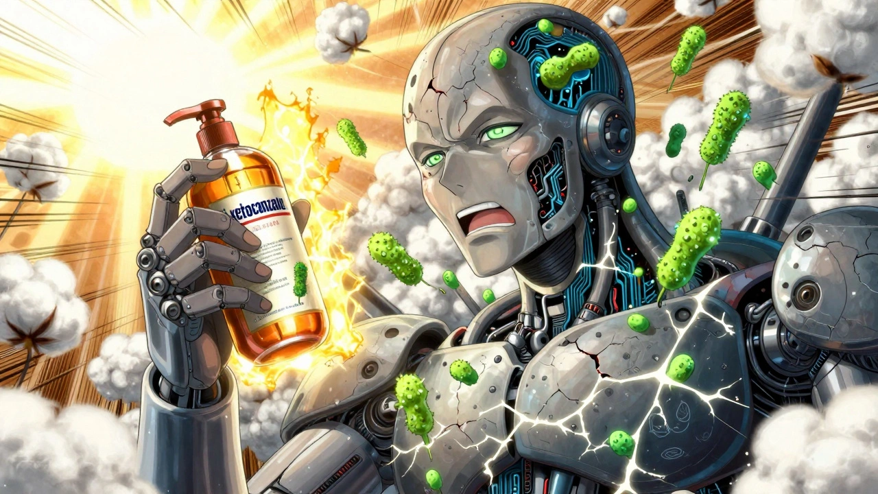 Close-up of a robot&#039;s face with fungal spores spreading on thin skin, protected by a glowing shampoo barrier.