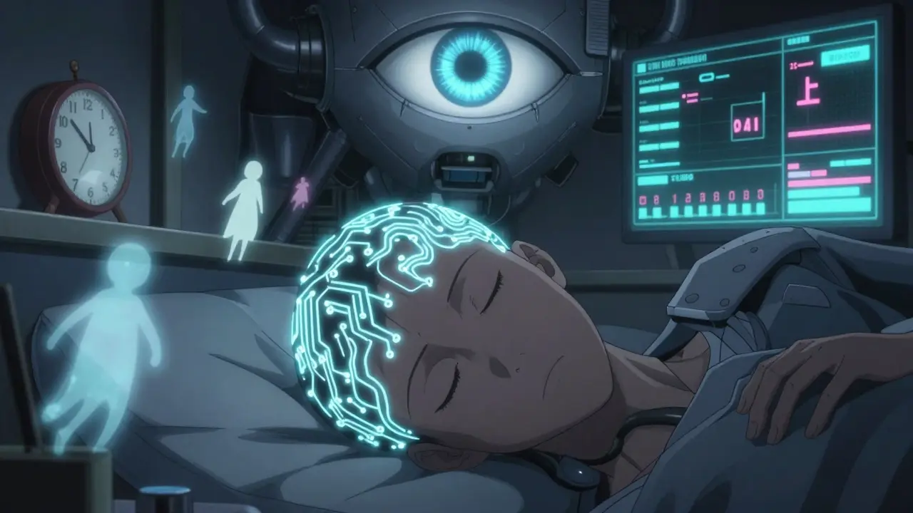 Close-up of face with glowing neural pathways and dream spirits during REM sleep.