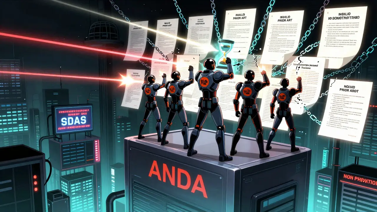 Generic drug warriors fire legal documents at a thicket of floating patents in a cyberpunk courtroom.