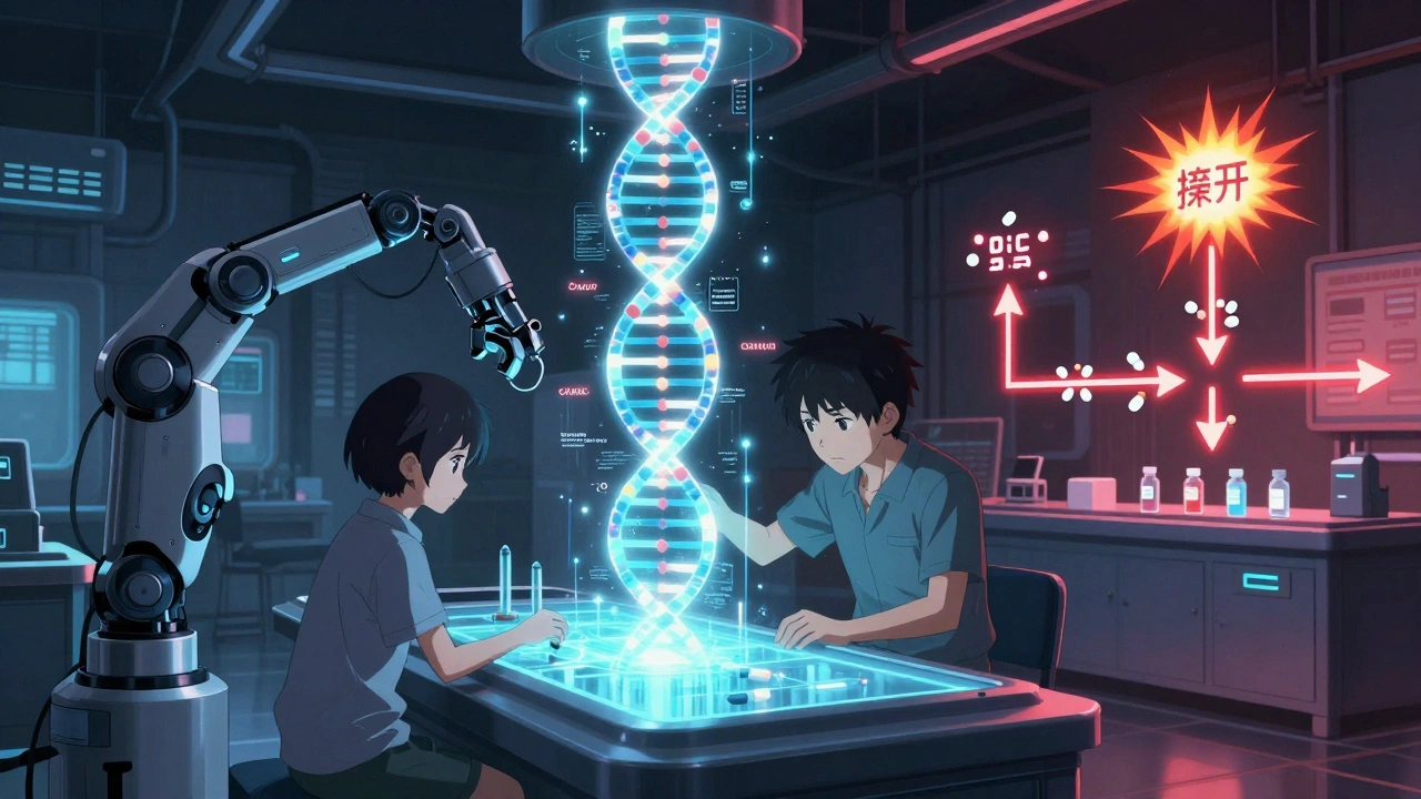 Holographic DNA strand being analyzed by robotic arms, showing genetic metabolizer types in a high-tech lab.