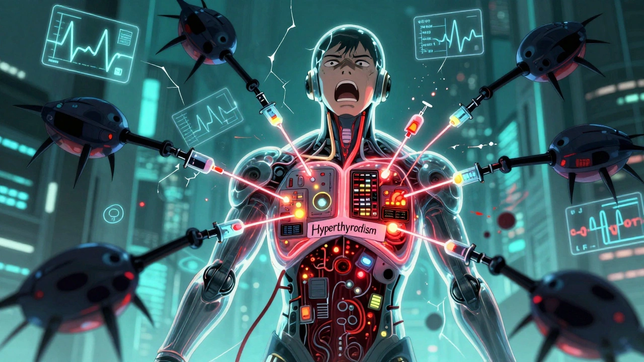 Human trapped in hyperthyroidism exosuit, stimulant drones injecting chemicals, glowing warning panels inside chest.