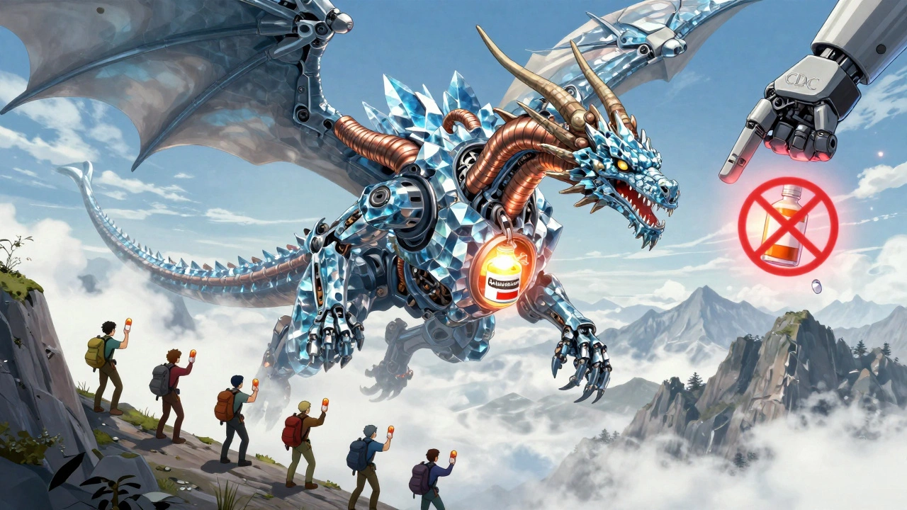 Mechanical dragon with acetazolamide heart flies above climbers carrying melatonin capsules, sedatives banned above.