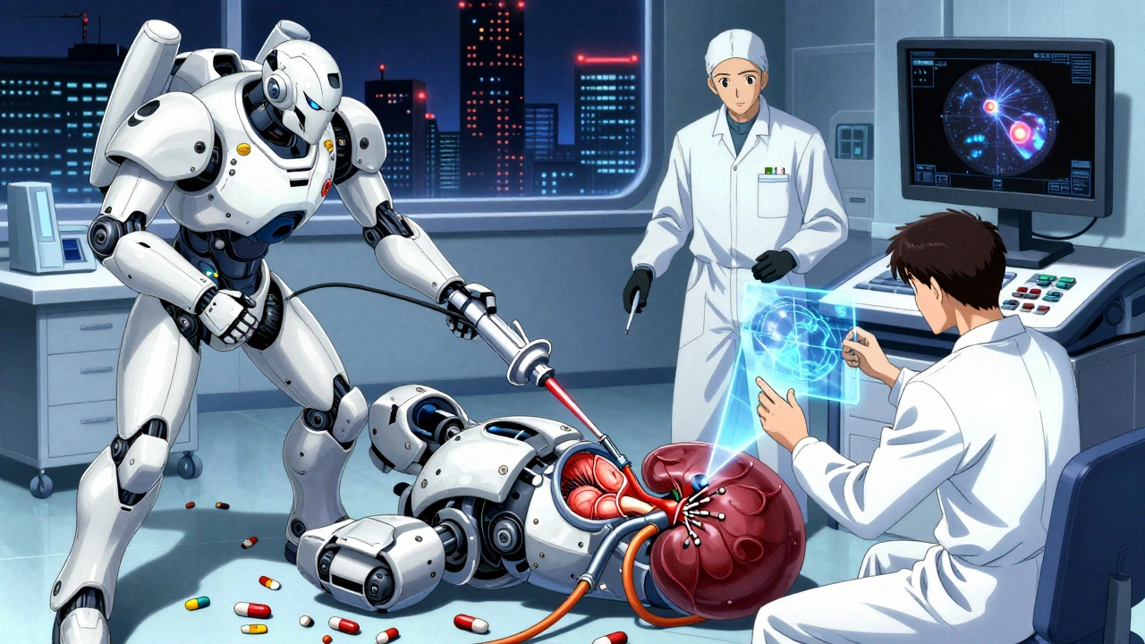 Medical mechs repairing a kidney robot, using stents and fluid injectors amid debris of harmful drugs.