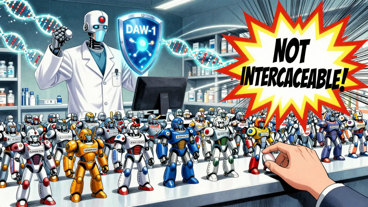 Pharmacist counter with generic pills as robots, one labeled 'NOT INTERCHANGEABLE' exploding in warning.