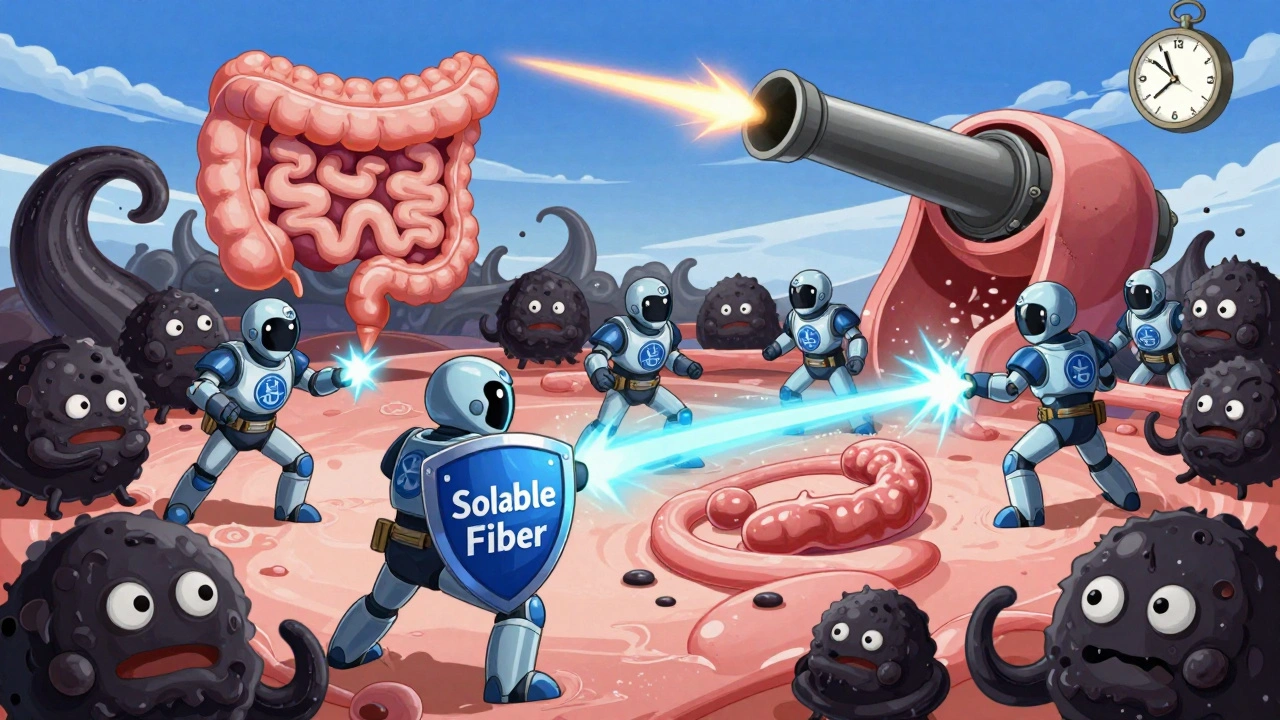 Probiotic warriors battle diarrhea monsters in a gut battlefield under a 14-day countdown.