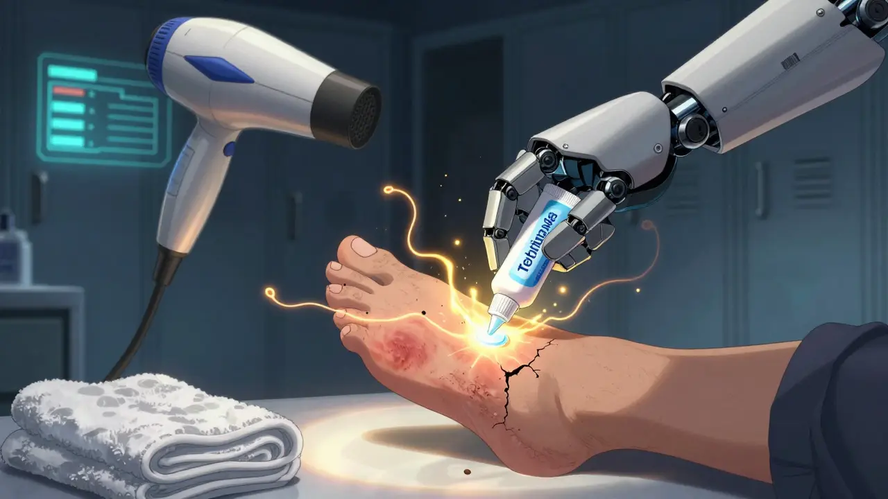 Robotic hand applying glowing antifungal cream to a cracked foot, fungal tendrils dissolving.