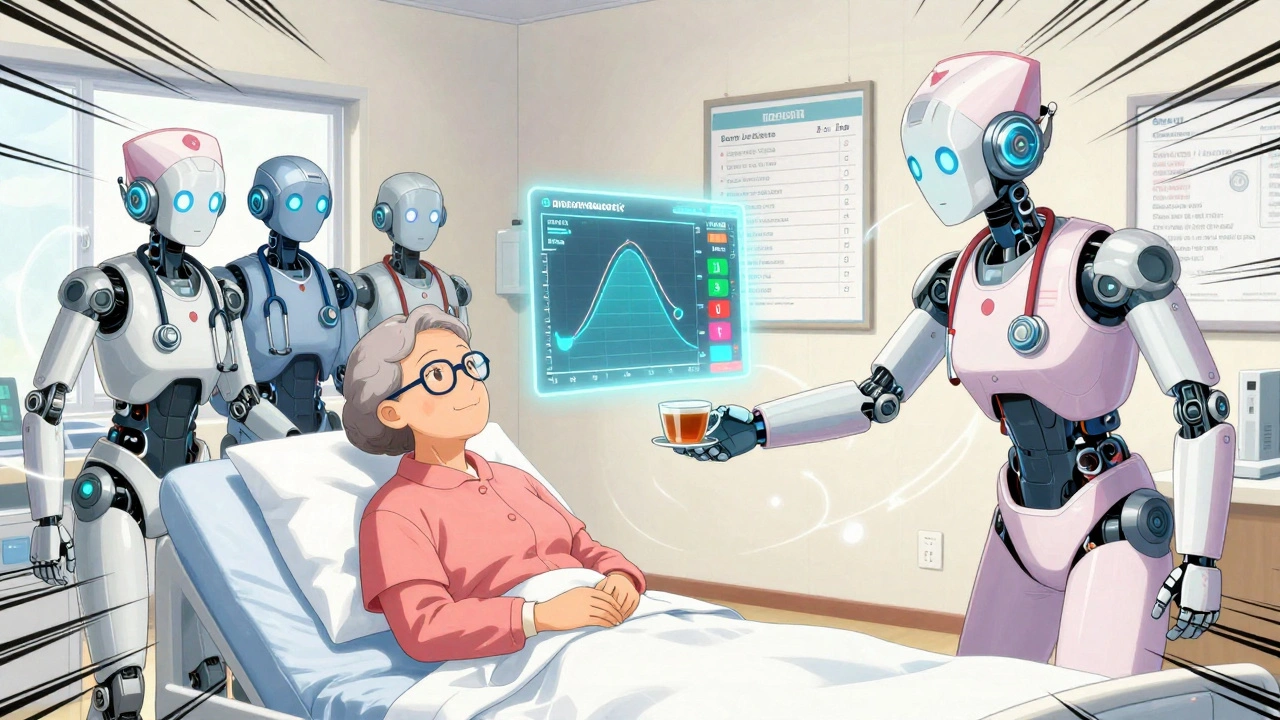 Robotic healthcare heroes perform a delirium screening on an elderly woman with glowing holograms.