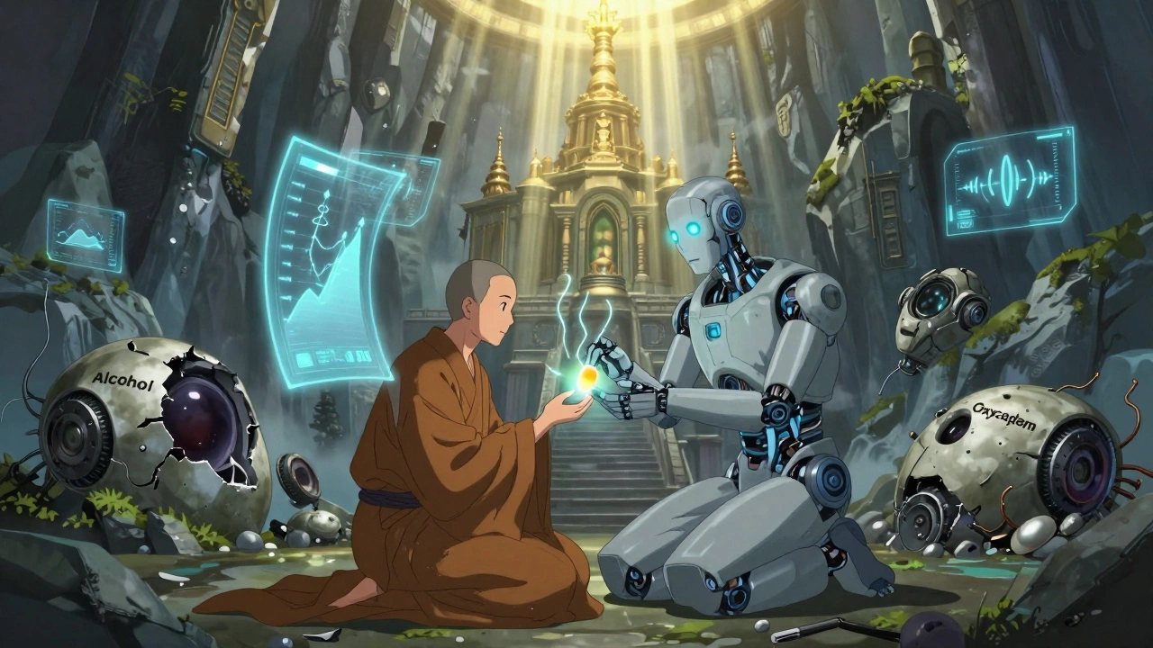 Robotic monk gives melatonin to traveler as broken sedative robots lie deactivated behind them.