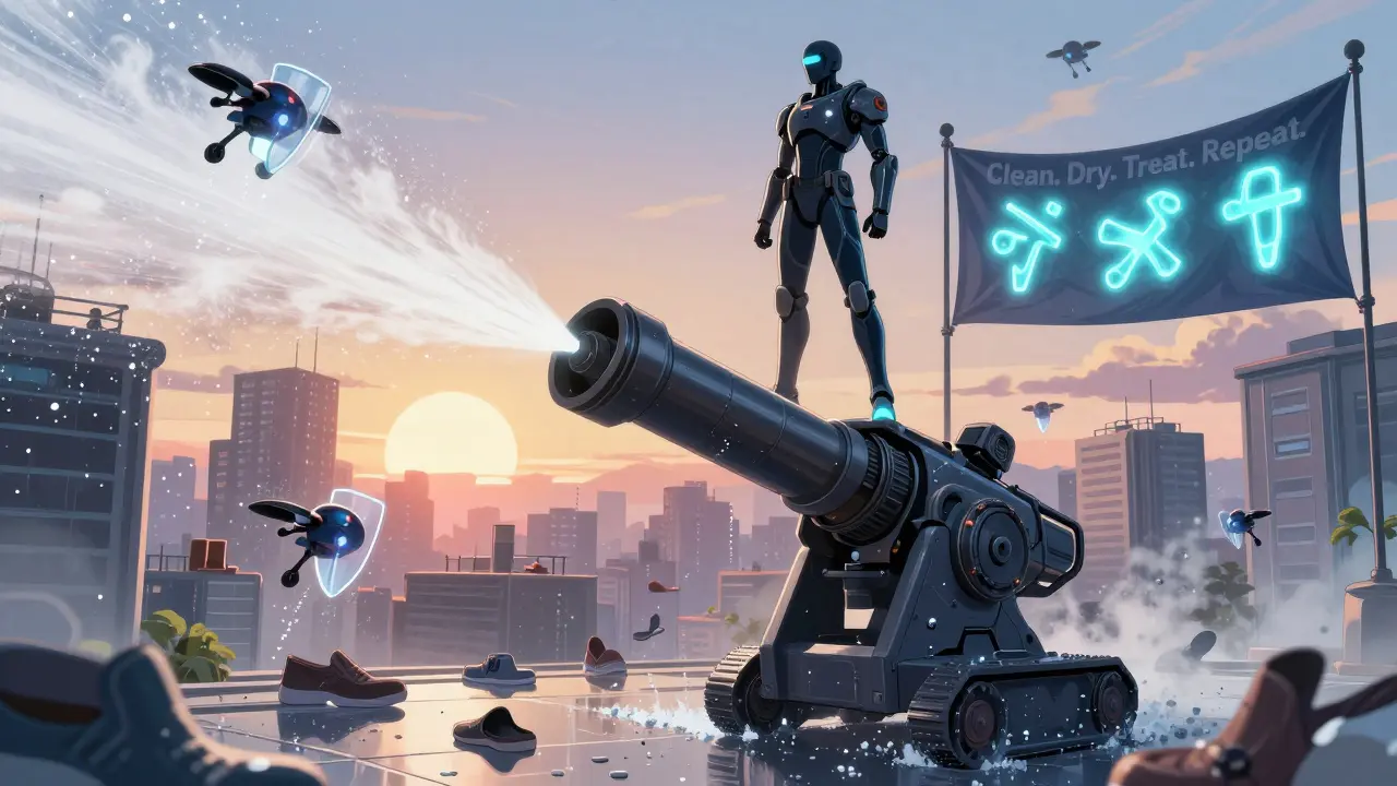 Soldier in armor spraying antifungal mist over shoes and showers, fungal shadows retreating.