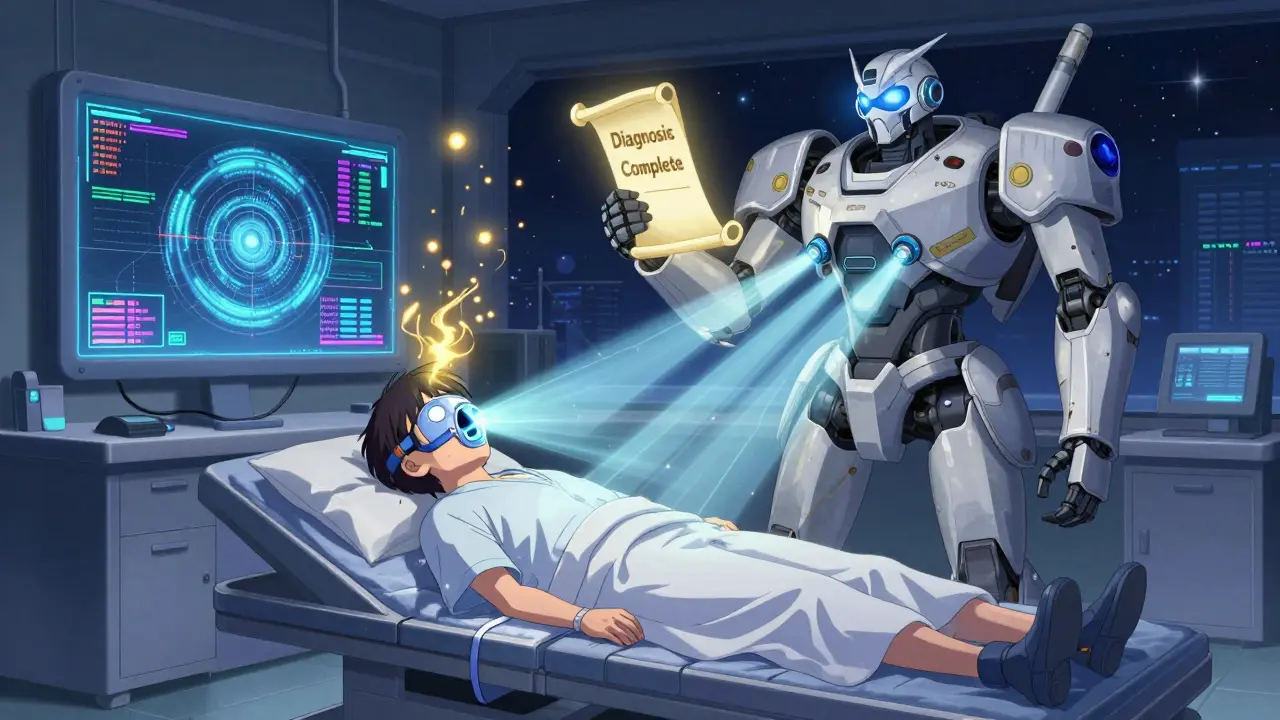 Split-night scene with CPAP mech rising as AI guardian confirms diagnosis.