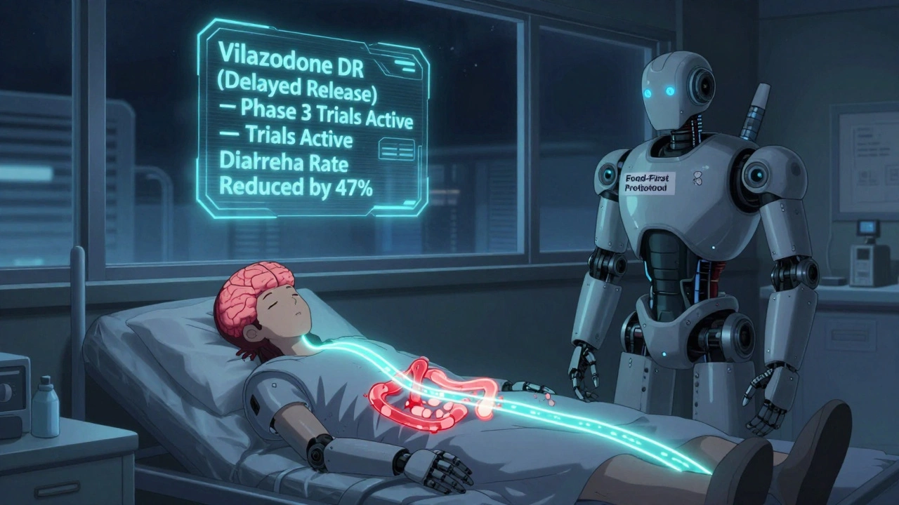 Two robotic guardians protect a sleeping patient as serotonin flows smoothly through their body.