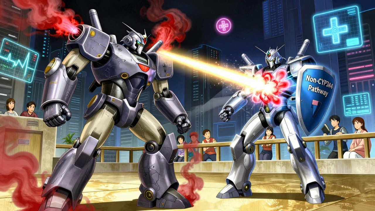 Two robotic statins battle—one toxic, one clean—while healing light dissolves muscle pain clouds.