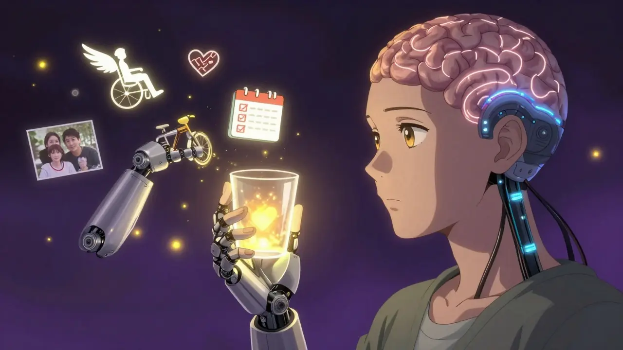 A brain-computer interface activates a robotic arm as symbolic fragments of past and future life float around the patient.