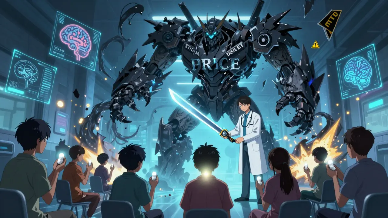 A dark monster made of doubt and price labels being defeated by a robot doctor, as patients are bathed in healing light.