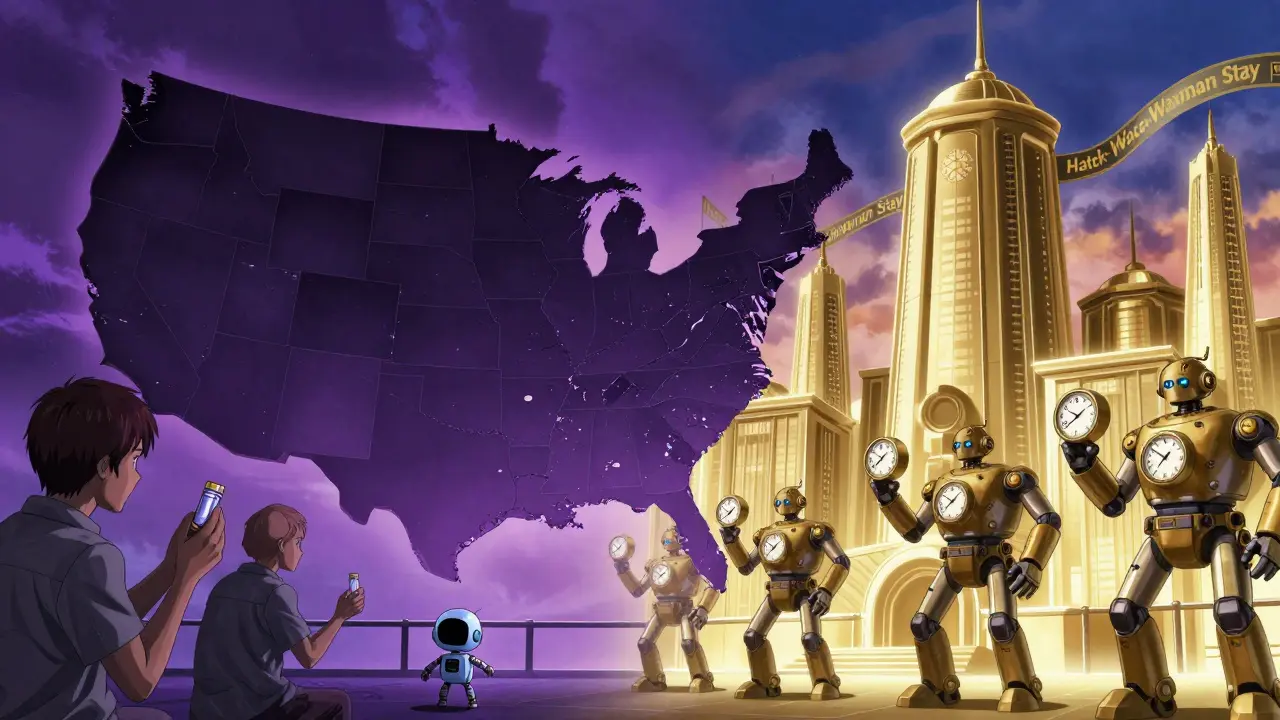 A divided U.S. map showing patients in need versus corporate patent fortresses with 30-month clocks.