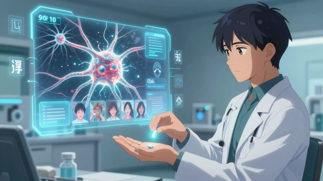 A doctor handing a generic pill to a patient while a hologram shows neurons firing and global users taking the same medicine.