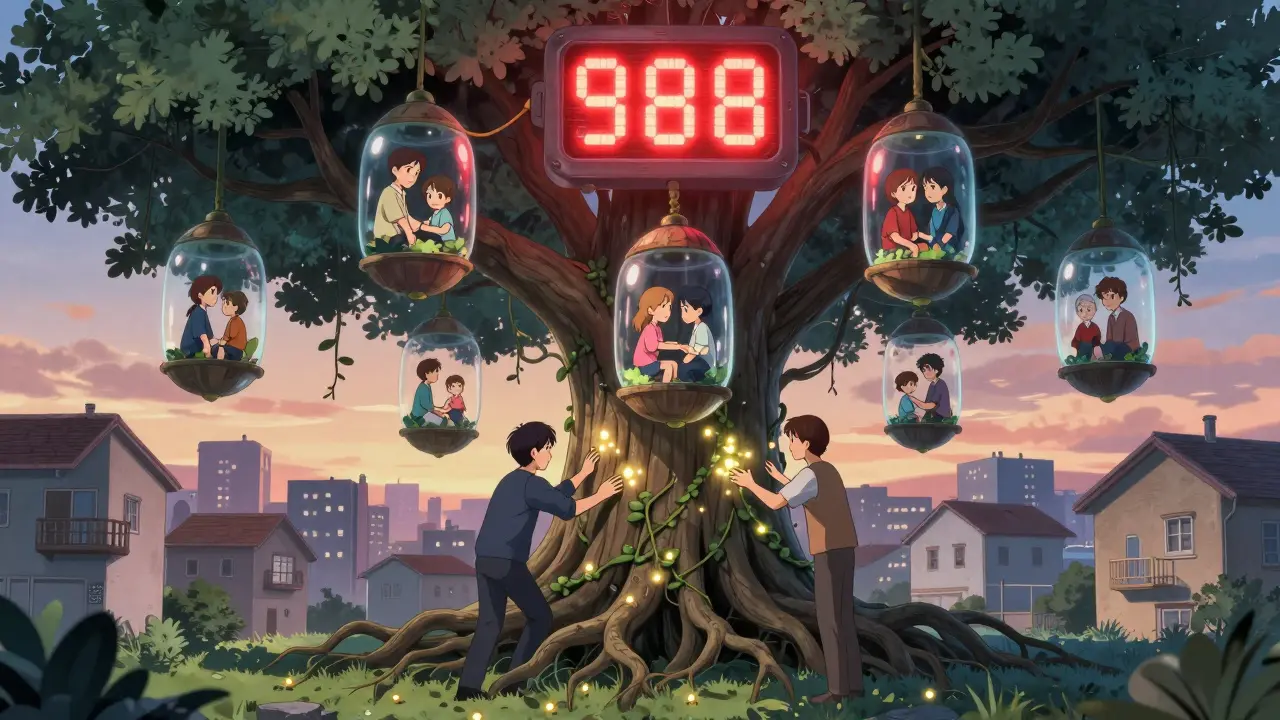 A family therapy tree connects teens and parents with glowing vines as a 988 beacon pulses in the dawn sky.