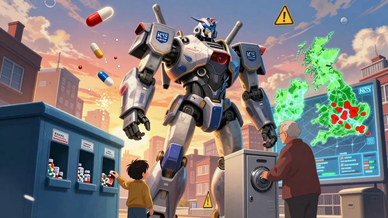 A giant robot collects expired meds from homes, transforming them into light as safe storage zones glow across the UK.