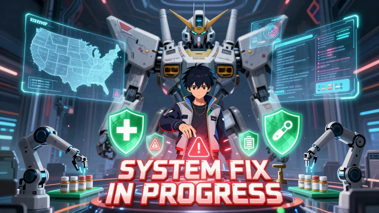 A hero inserts a data chip into a holographic command center filled with floating medication error warnings.