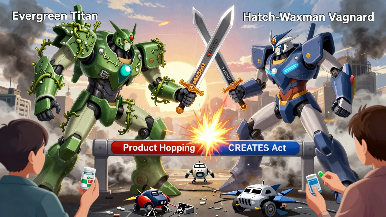 A heroic mech wielding the Hatch-Waxman clause battles a patent-covered titan while patients receive generic pills.