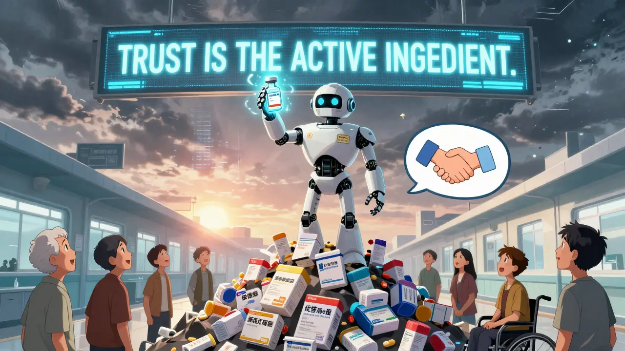 A heroic pharmacist robot holds a glowing biosimilar vial while patients look up hopefully, standing atop a mountain of brand-name pill boxes.