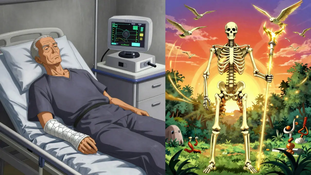 A man transforms from fractured frailty to strong vitality with glowing bone structure and TBS scanner above.