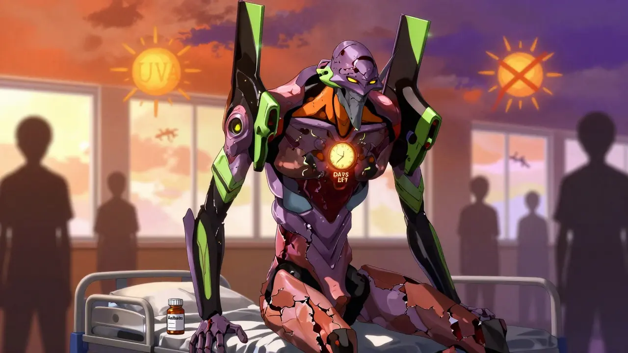 A massive sunburnt humanoid figure rises from a hospital bed with a countdown timer glowing on its chest.