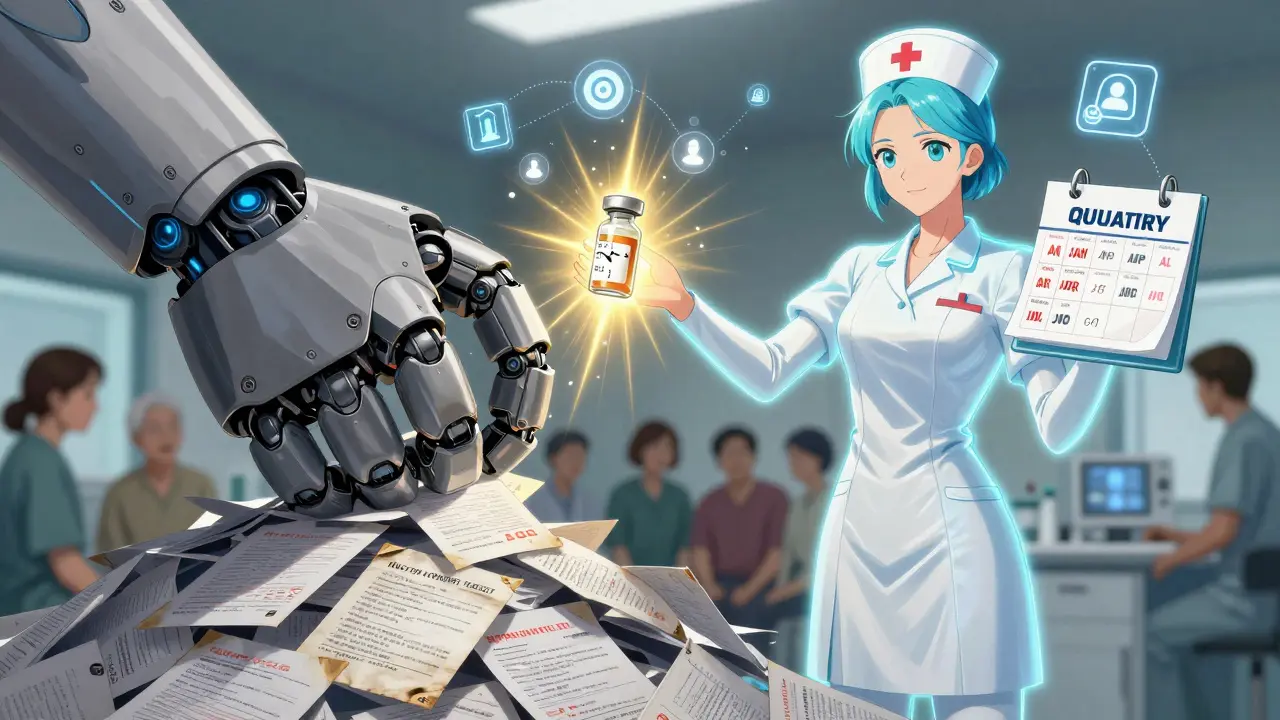 A nurse in armor holds a glowing drug vial as outdated prescriptions crumble beneath her.