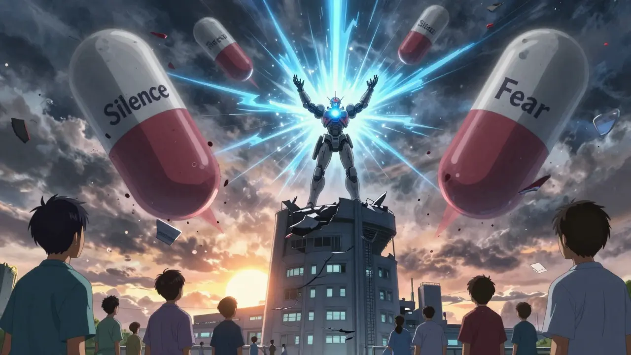 A patient emits a radiant energy wave that destroys shadowy pills labeled 'Silence' and 'Fear'.