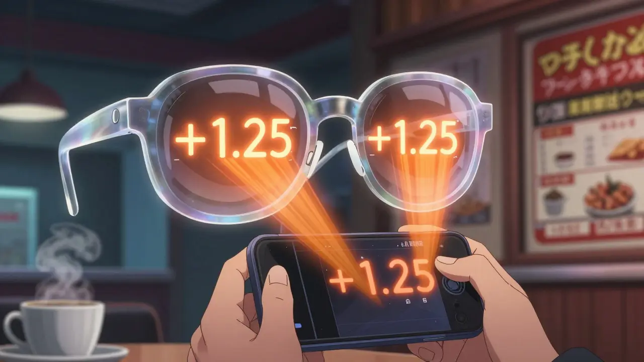 A person using giant glowing reading glasses to focus on a smartphone in a cyberpunk setting.