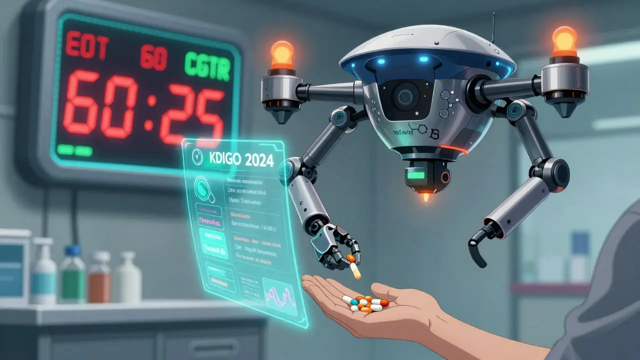 A pharmacy drone dispenses personalized pills as an eGFR meter falls, with holographic guidelines in the background.