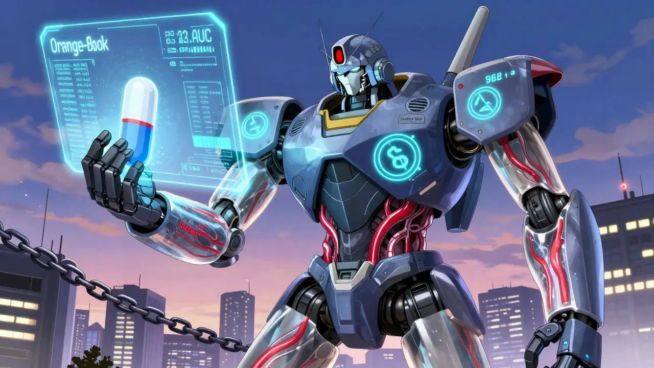 A robotic ANDA unit with glowing bloodstreams and holographic patent data smashes outdated clinical trial chains.