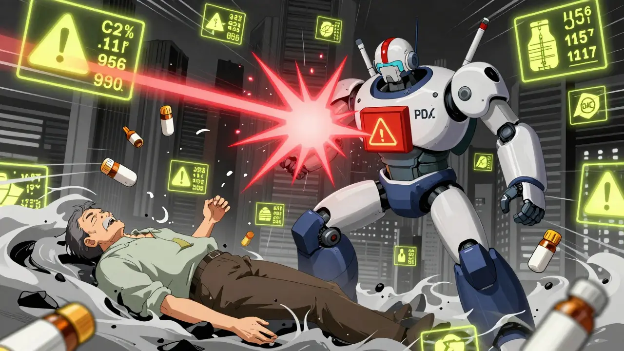 A robotic doctor emits a red warning wave as two people collapse into a vortex of prescription bottles and fading oxygen numbers.