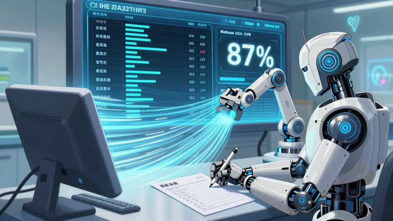 A robotic EHR system shows real-time formulary updates with AI data streams in a hospital.