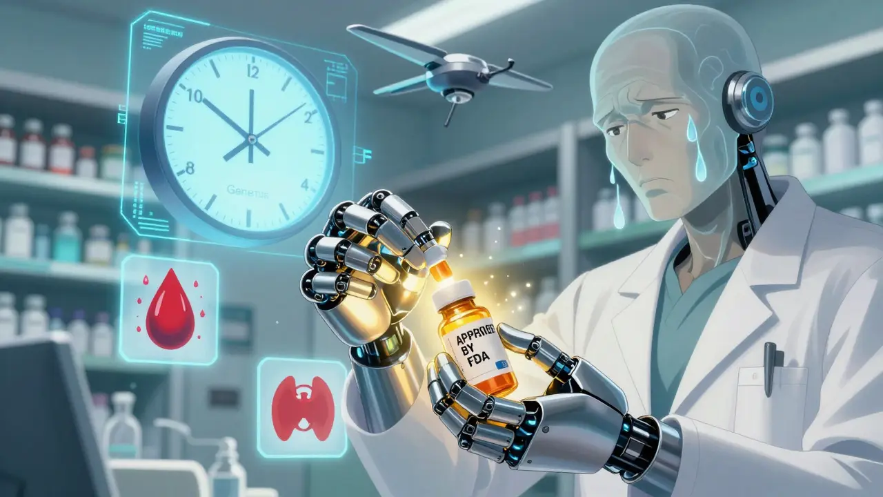 A robotic hand places an FDA sticker on a pill bottle as a patient's worried face hovers above, with medical icons dimming from a calming light pulse.