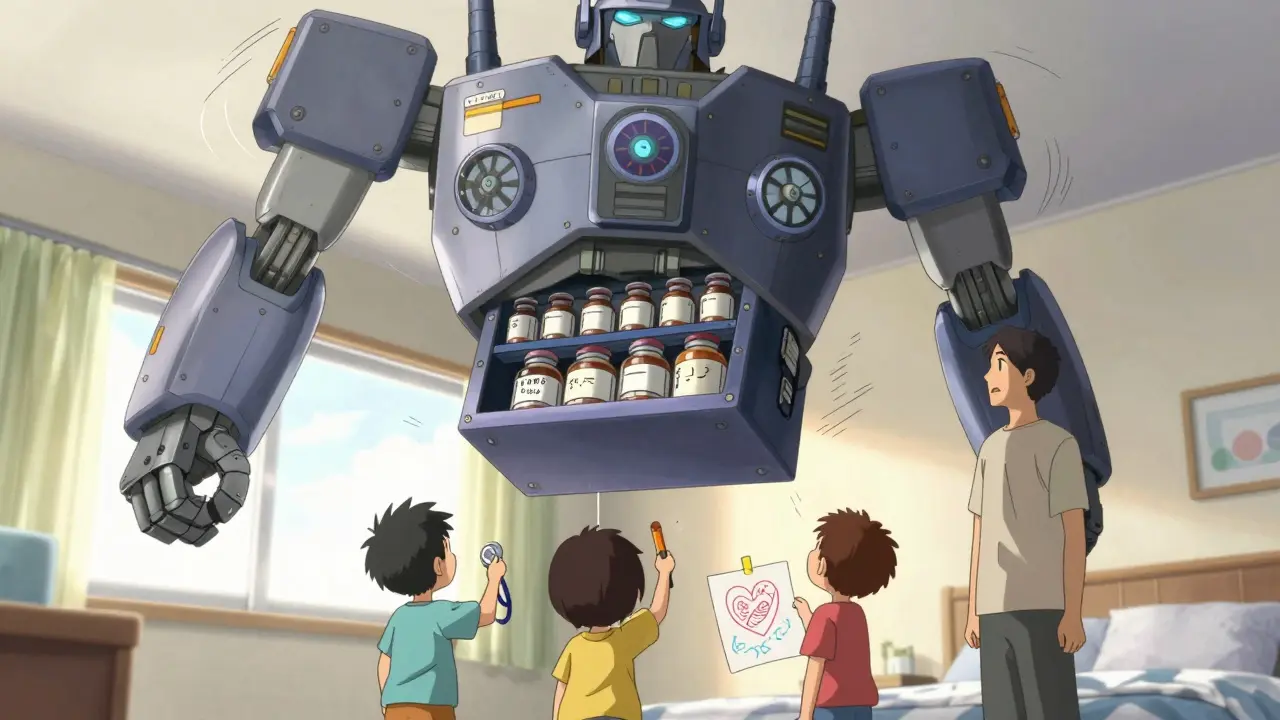 A robotic medication lockbox lowers from the ceiling while a family watches in calm safety.